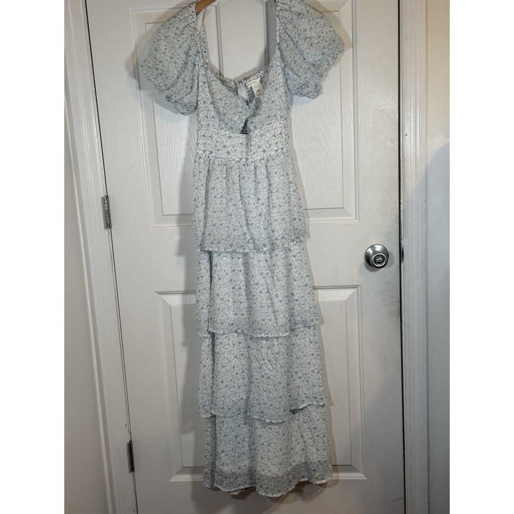 Altard  State MAISIE-AS White/Blue Floral boho Smocked  Puff Sleeve Maxi dress M